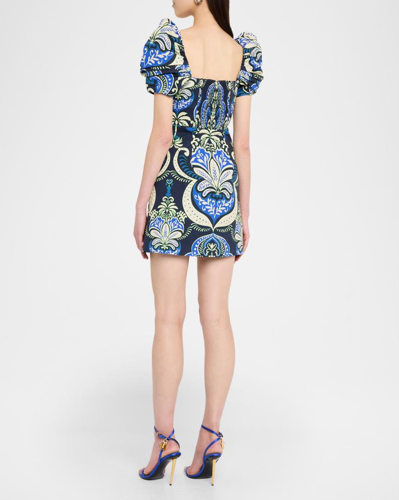 Kelly Blue Tile Print Puff-Sleeve Dress