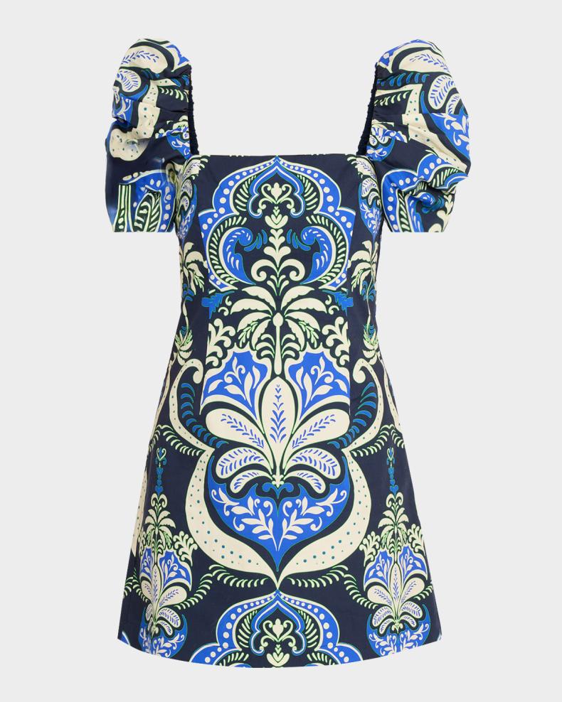 Kelly Blue Tile Print Puff-Sleeve Dress