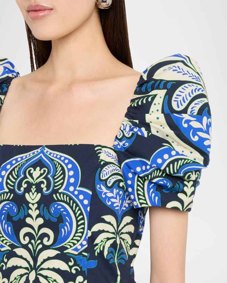 Kelly Blue Tile Print Puff-Sleeve Dress