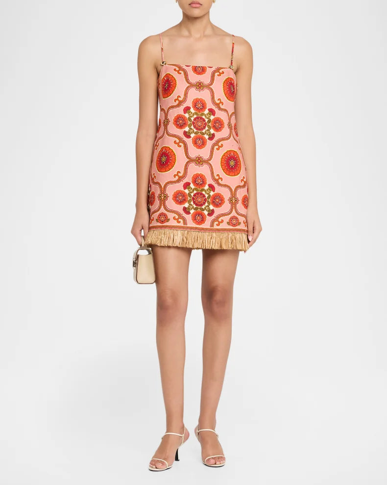Valencia Printed Feather-Trim Mini Dress