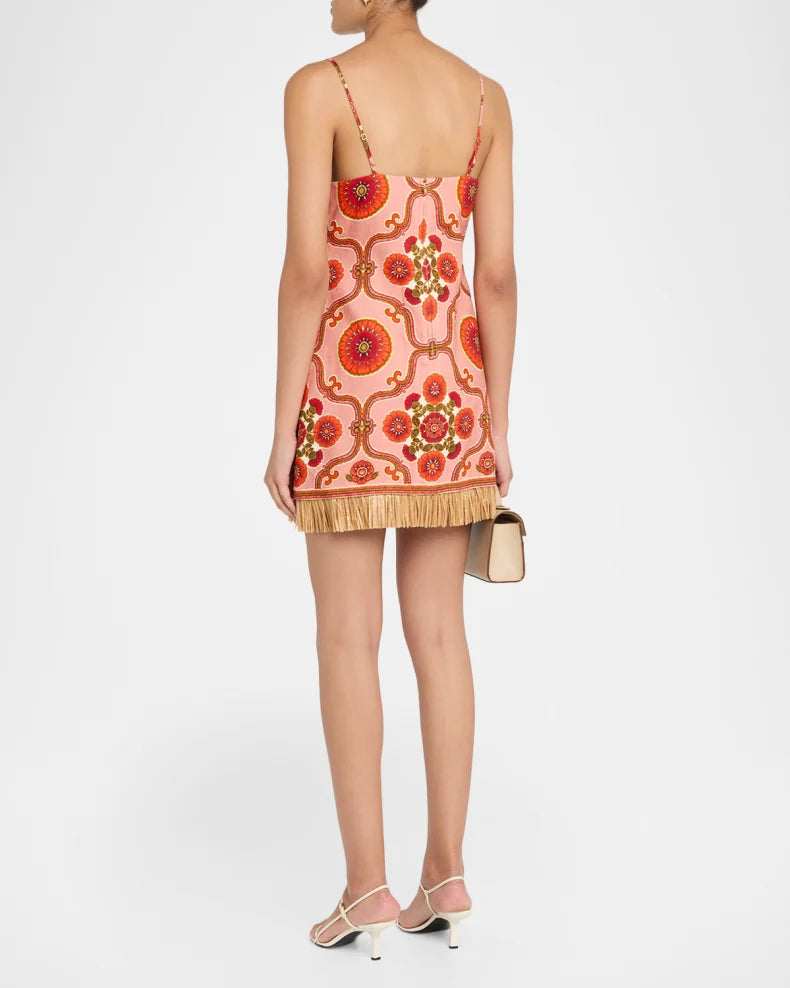 Valencia Printed Feather-Trim Mini Dress