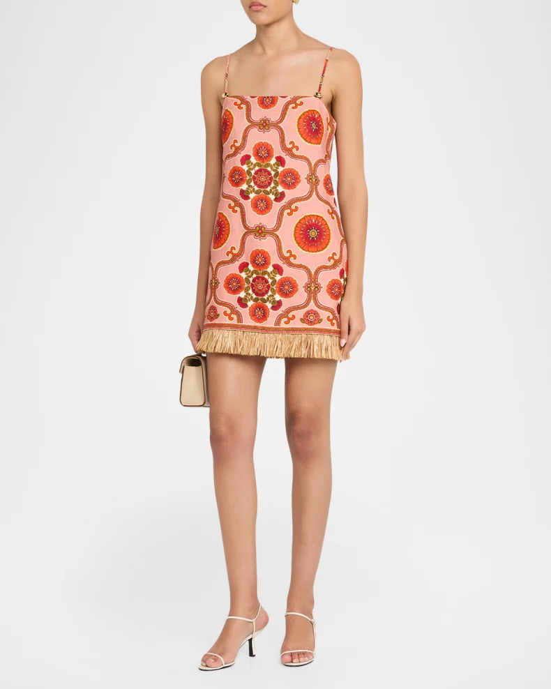 Valencia Printed Feather-Trim Mini Dress