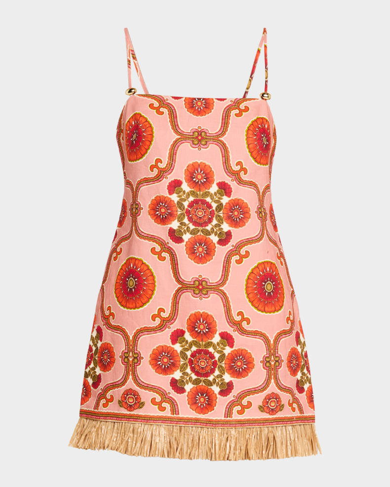 Valencia Printed Feather-Trim Mini Dress