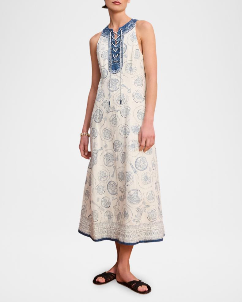 Lucky Lace-Up Linen Midi Dress