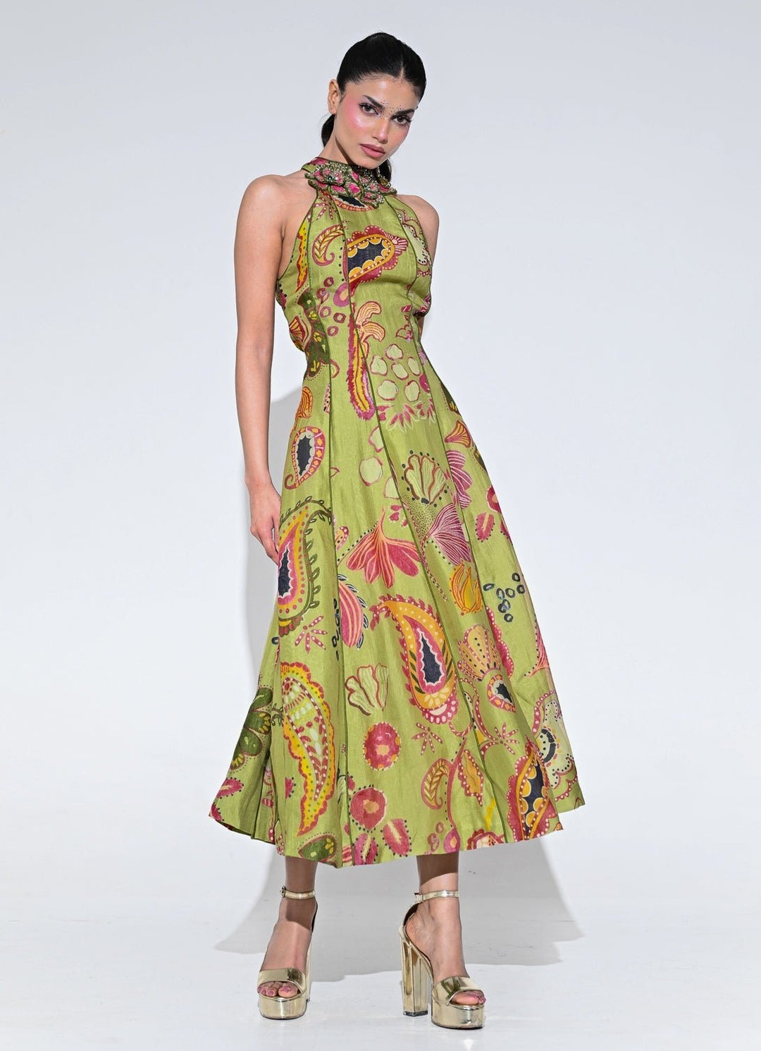 Olive Green Organza Halter Midi Dress 1