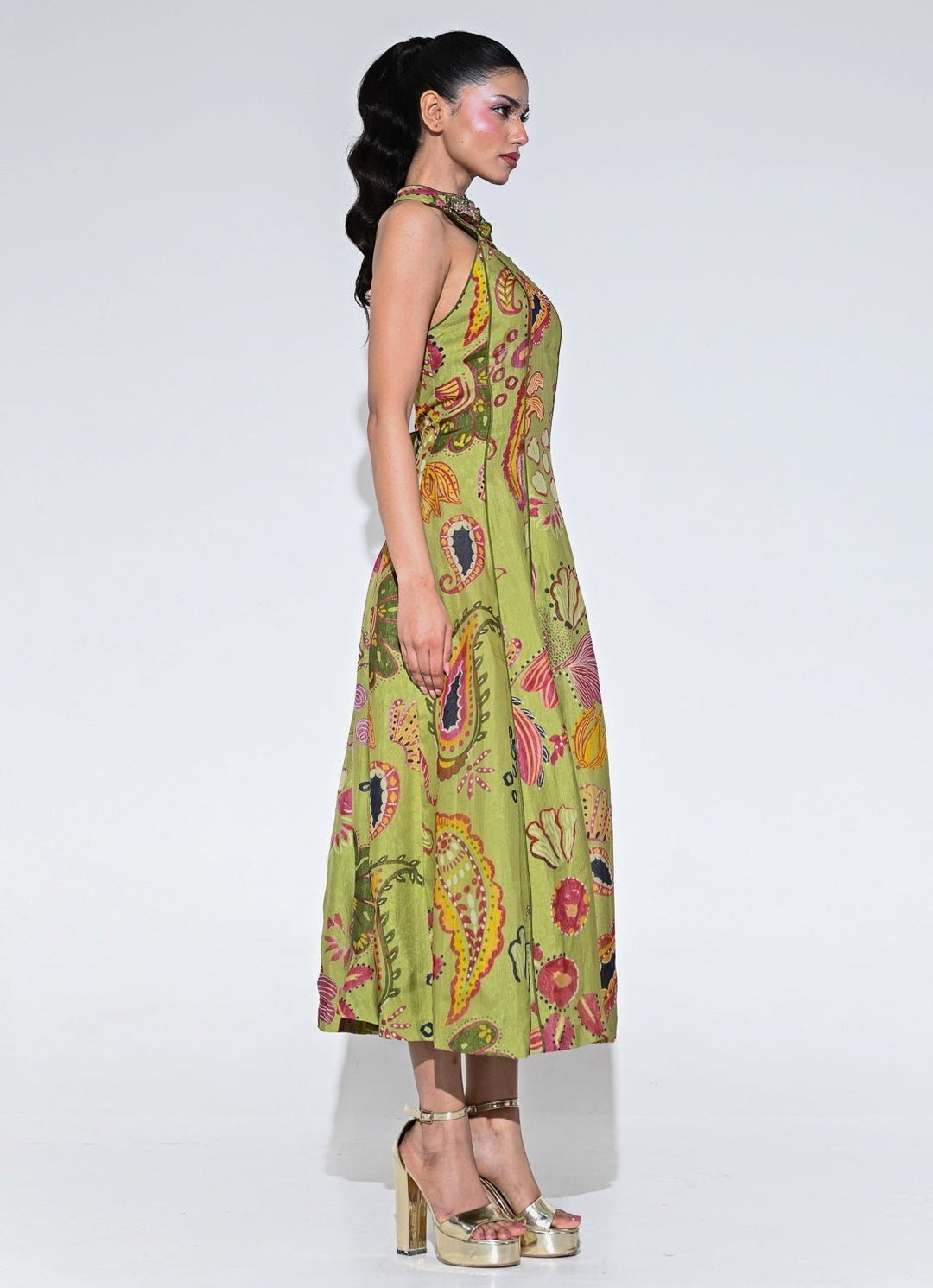 Olive Green Organza Halter Midi Dress 3