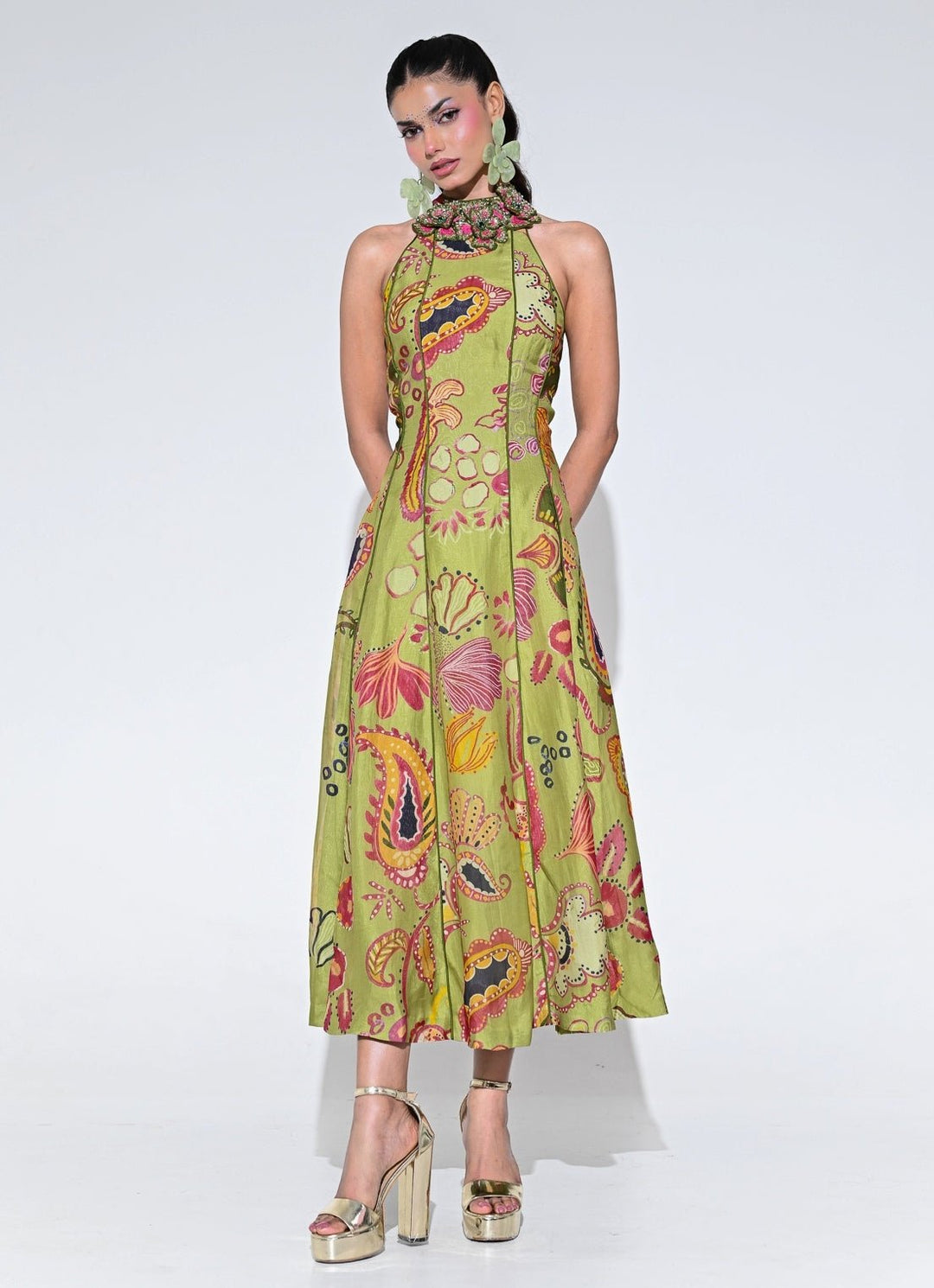 Olive Green Organza Halter Midi Dress 5