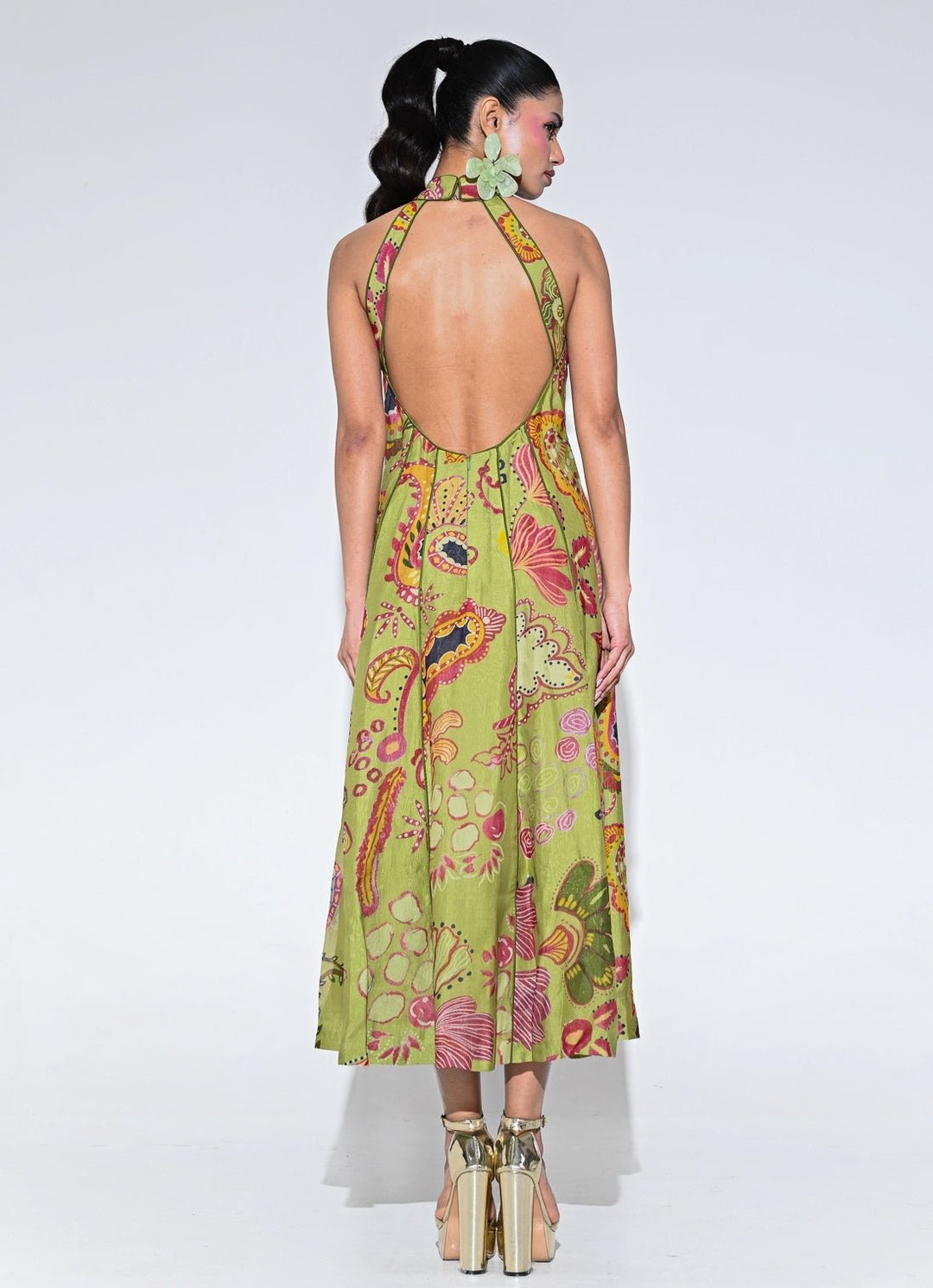Olive Green Organza Halter Midi Dress 4