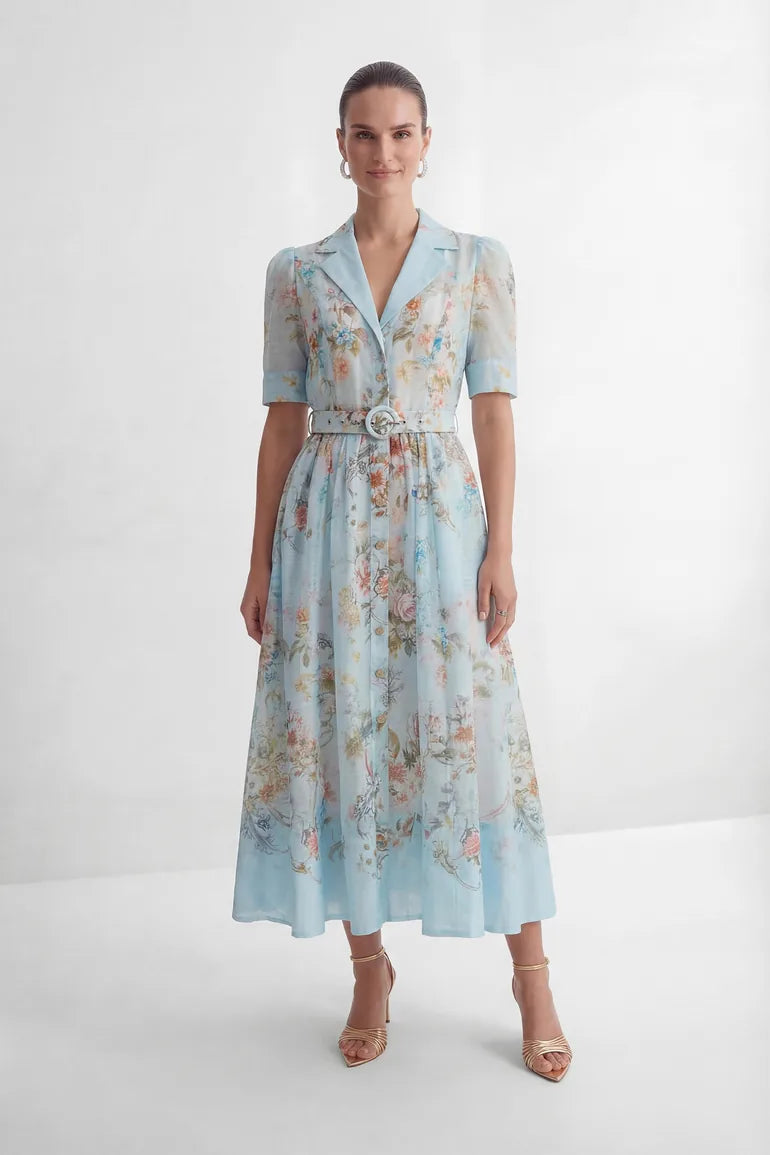 Garden Girl Moment Blue Floral Print Short Sleeve Maxi Dress