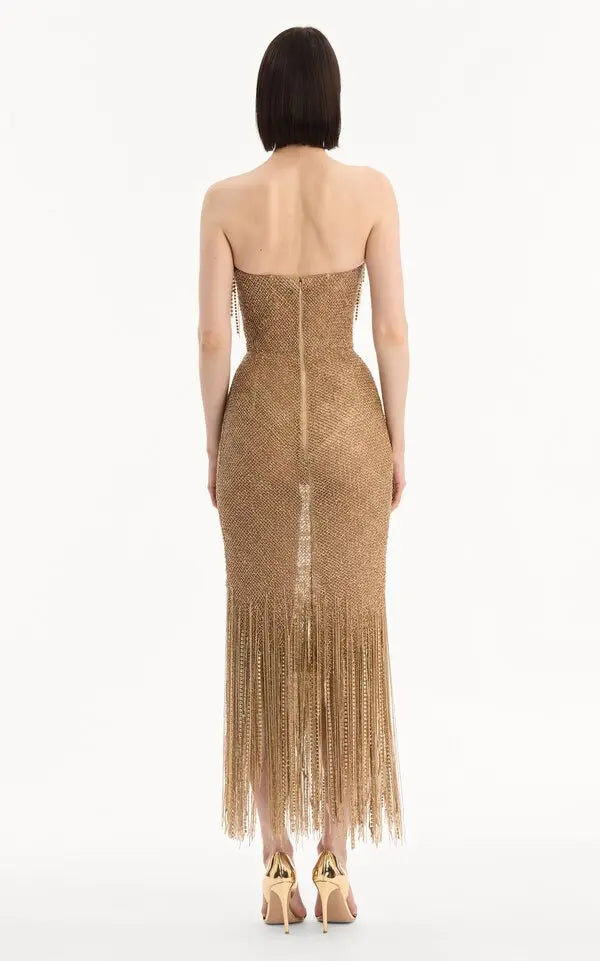 Strapless Bugle Loops Maxi Cocktail Dress - Gold