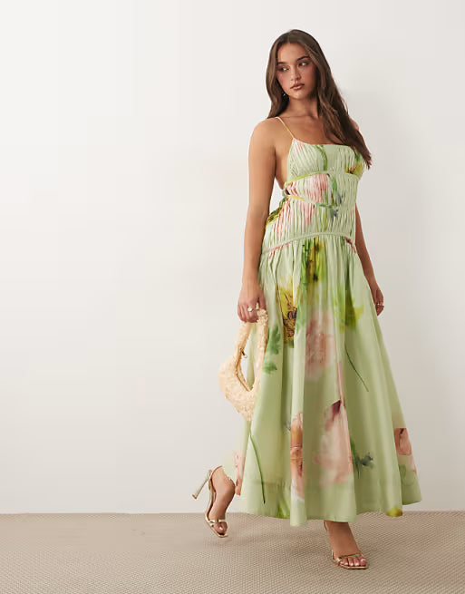 ruched backless cami maxi dress in abstract print