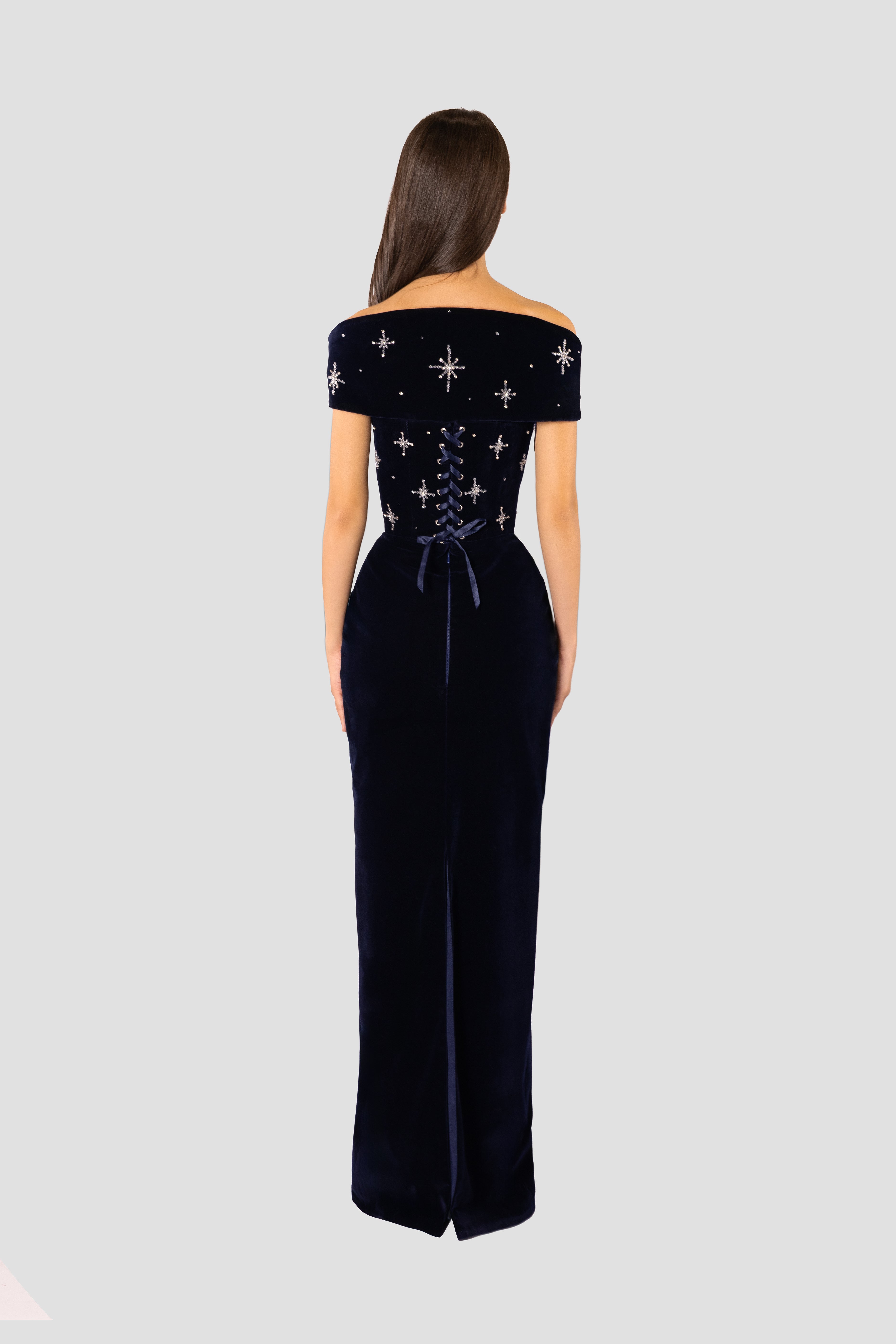 Navy Velvet And Star Embroidered Dress