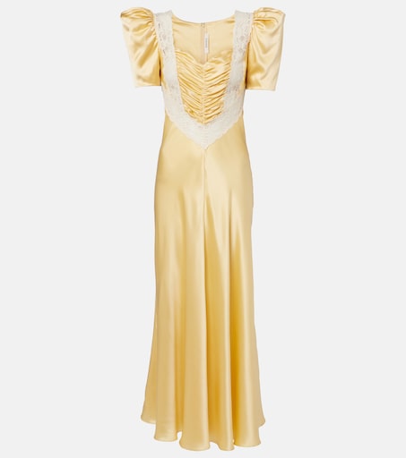 Lace-trimmed ruched silk satin maxi dress