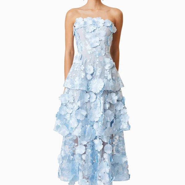 Selene Maxi Tiered 3D Dress In Blue