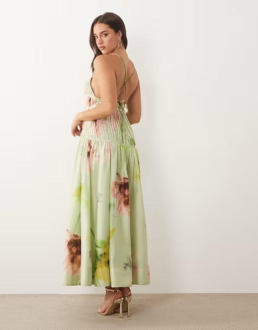 ruched backless cami maxi dress in abstract print