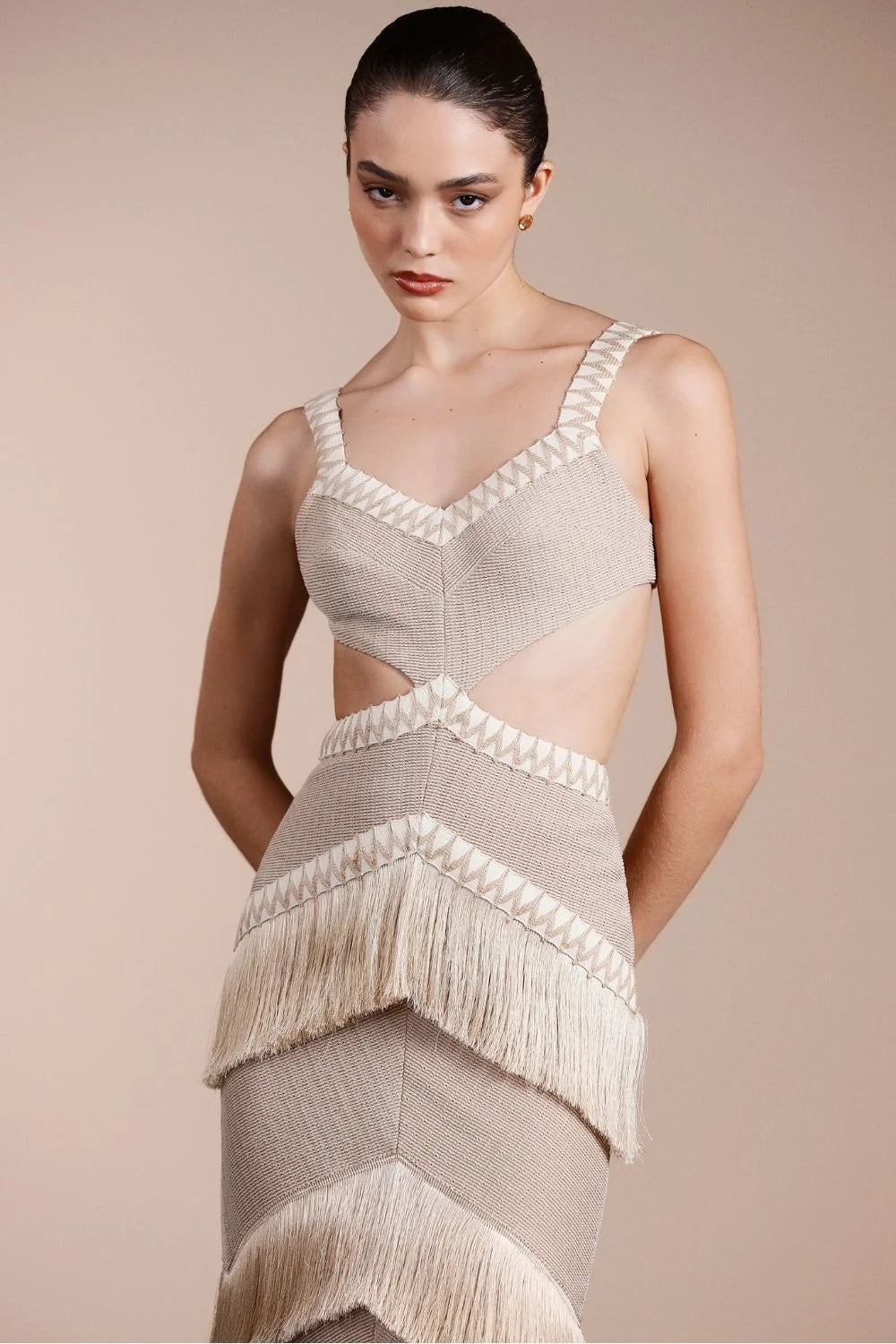 VESTIDO LONGO TELA DOT BEGE