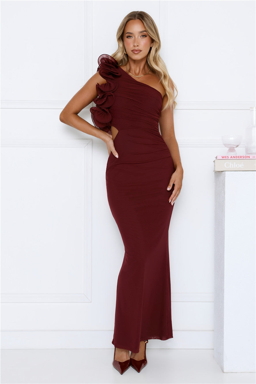 Luxe By Moonlight One Shoulder Mesh Maxi Dress Wine