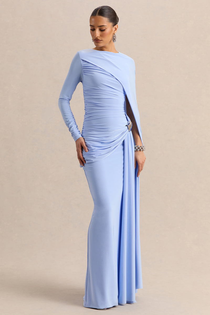 Enestra | Powder Blue High-Neck Lace Maxi-Dress With Draped-Skirt - US 2 / BLUE