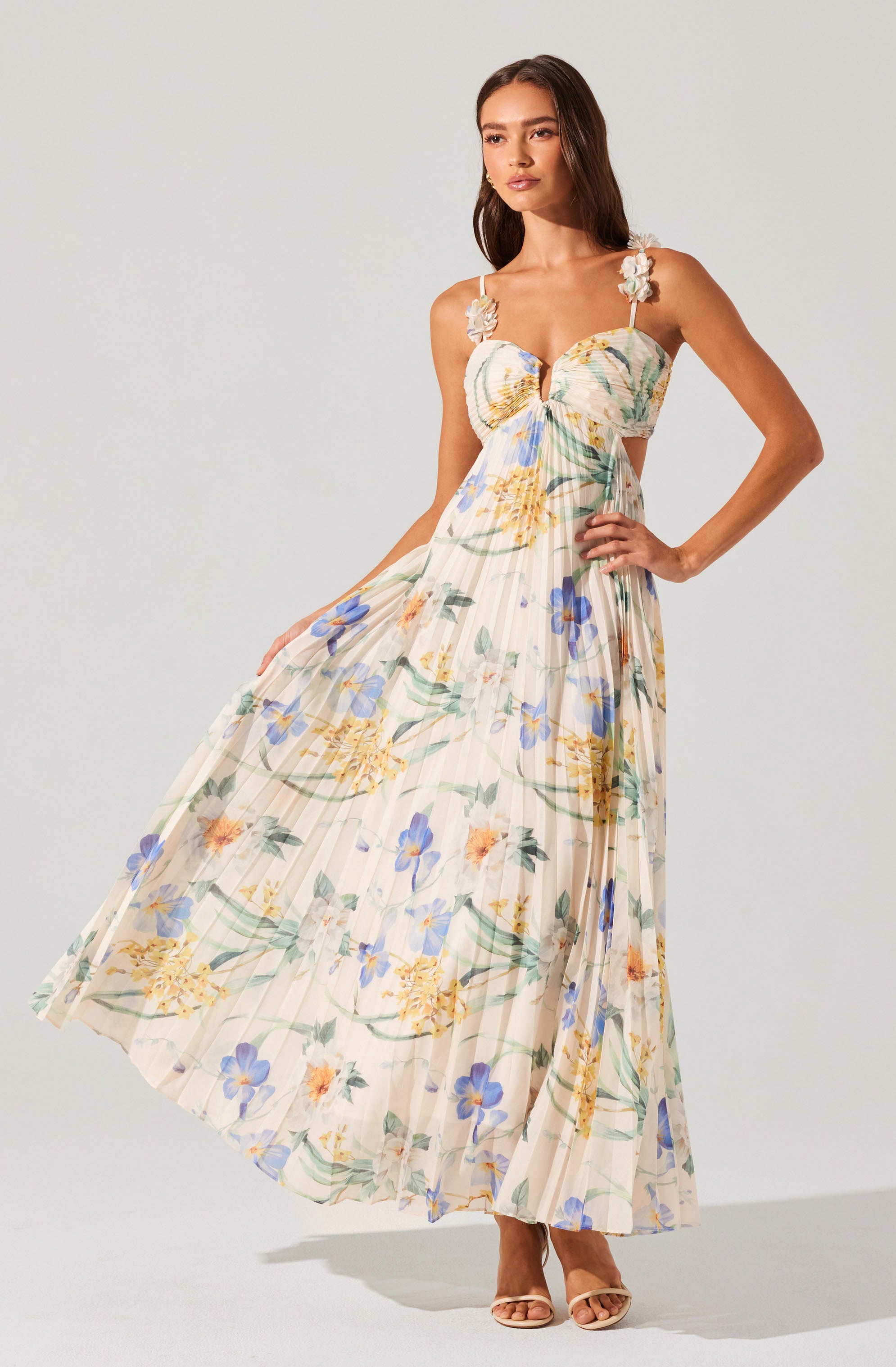 Emese Floral Pleated Maxi Dress - Blue multi floral / XS