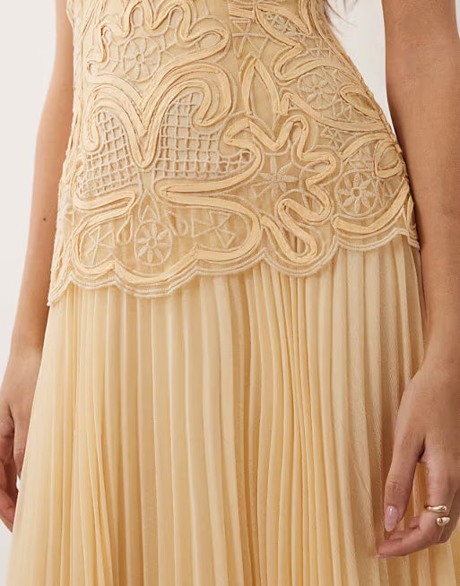 ARRANGE abstract cutwork bandeau maxi dress with pleat skirt in buttermilk
