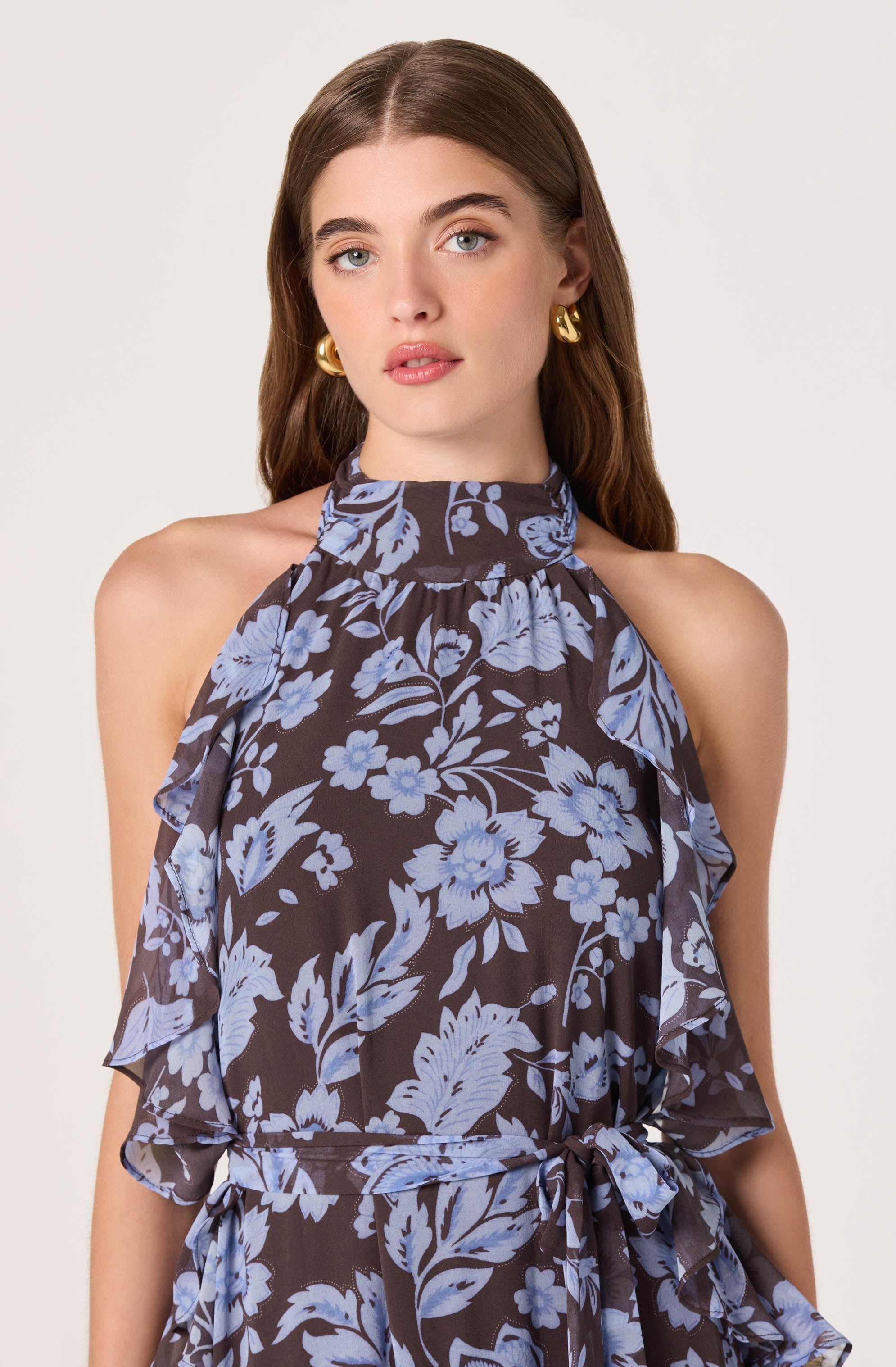 Lae High-Neck Ruffle Maxi Dress - Blue brown floral / XS