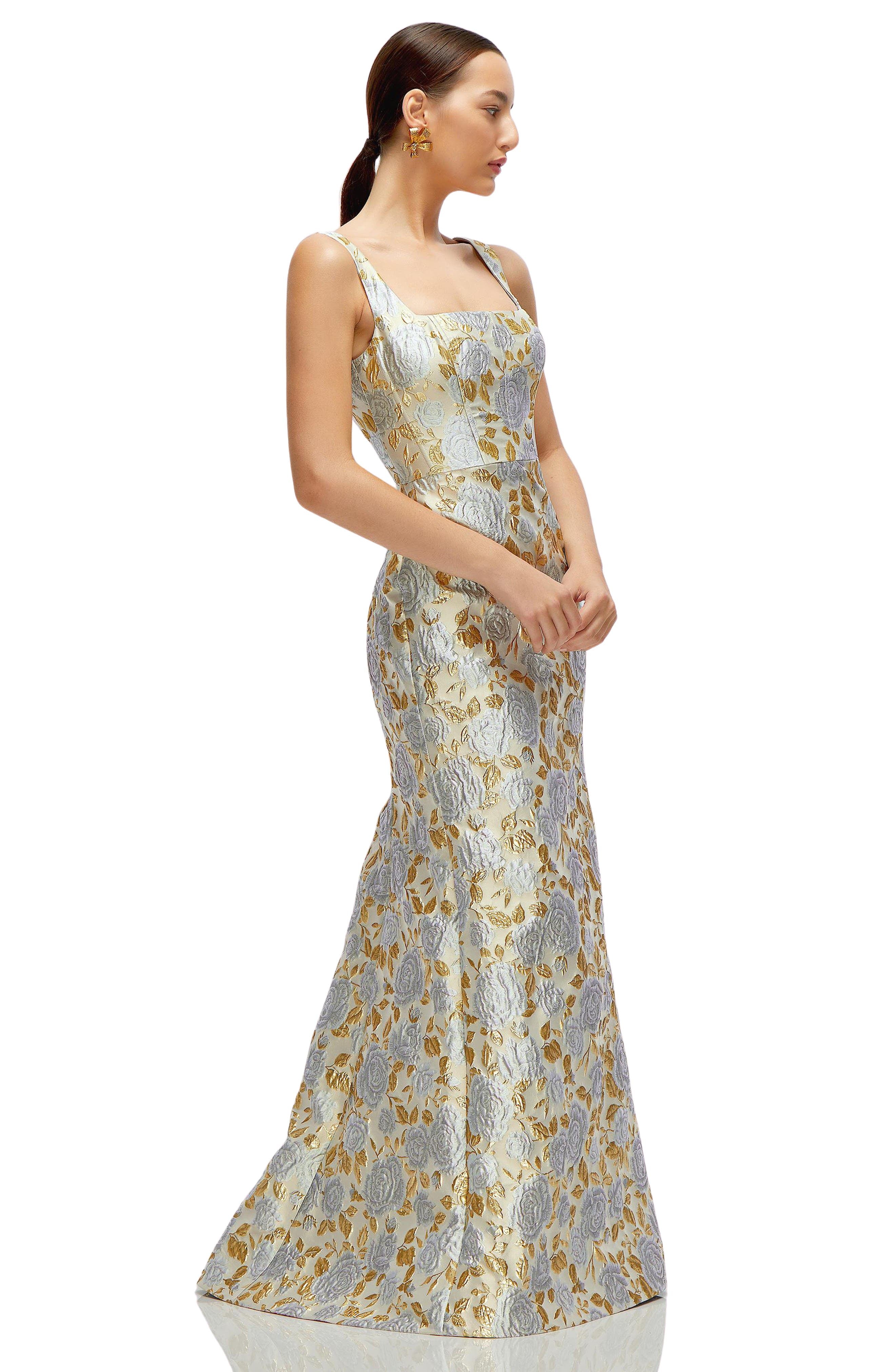 Metallic Floral Brocade Trumpet Gown