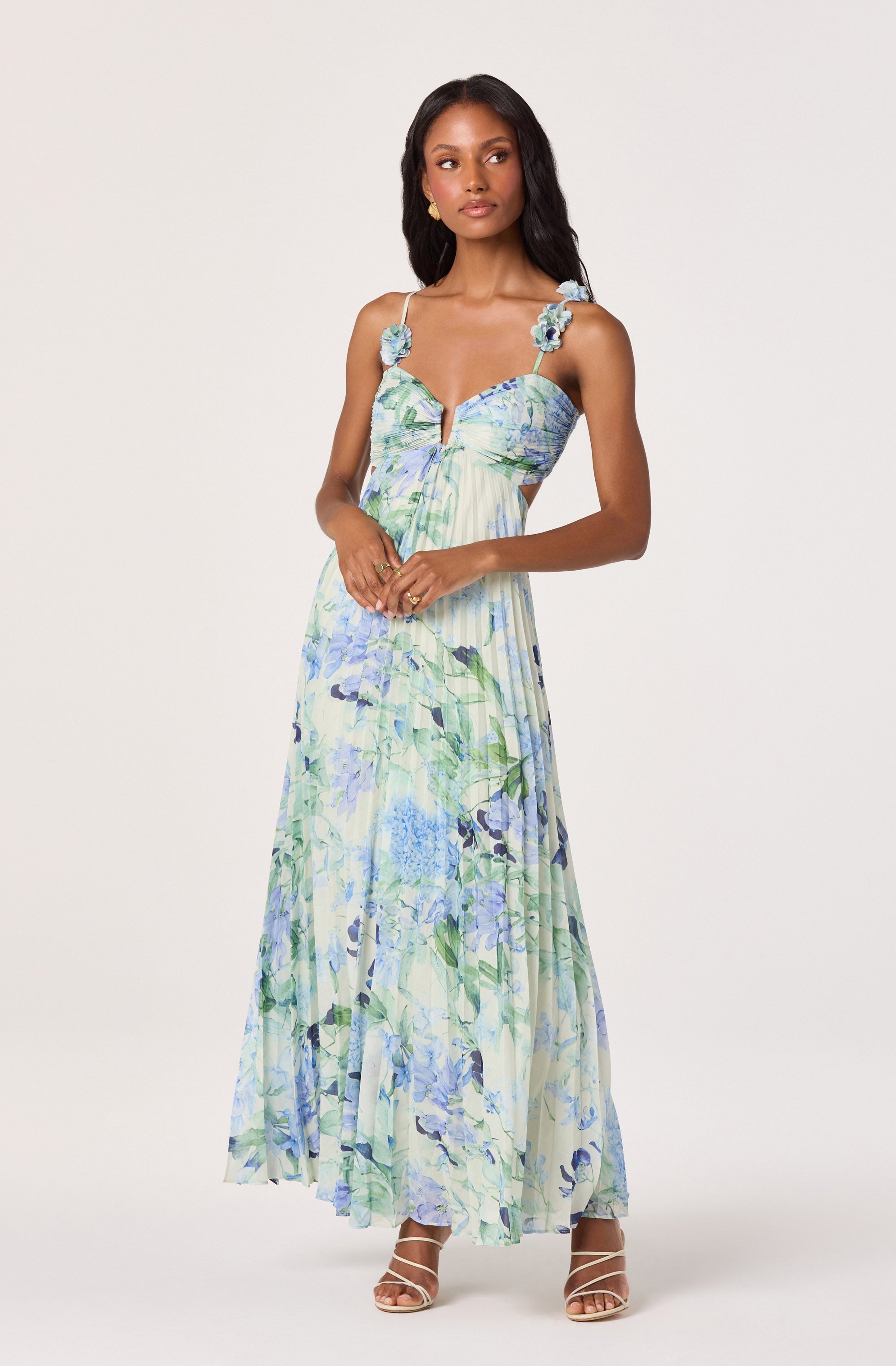 Emese Floral Cutout Maxi Dress - Green blue floral