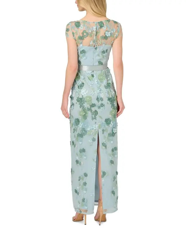 Embroidered Belted Gown - Sage