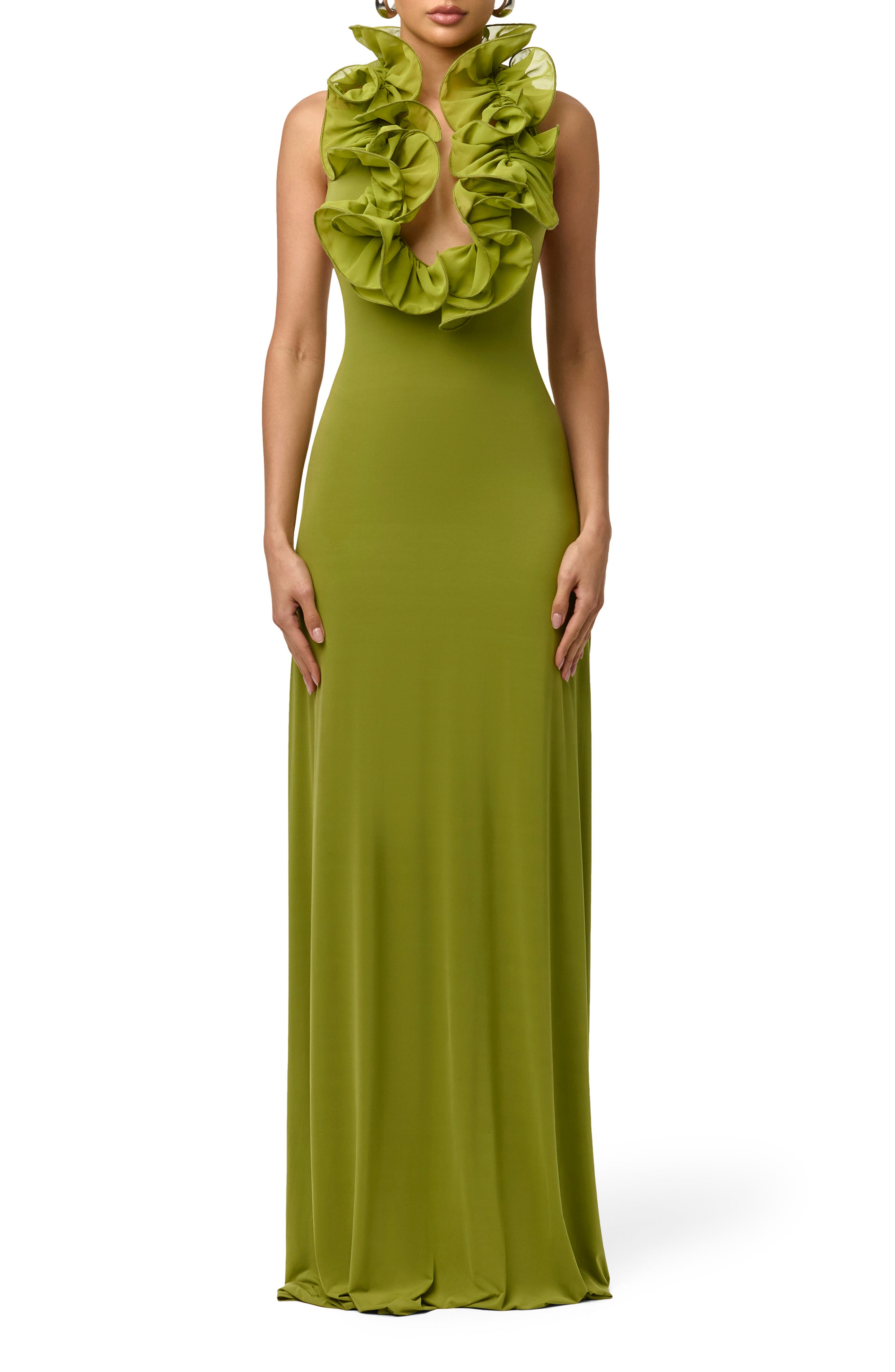 Ruffle Plunge Halter Maxi Dress