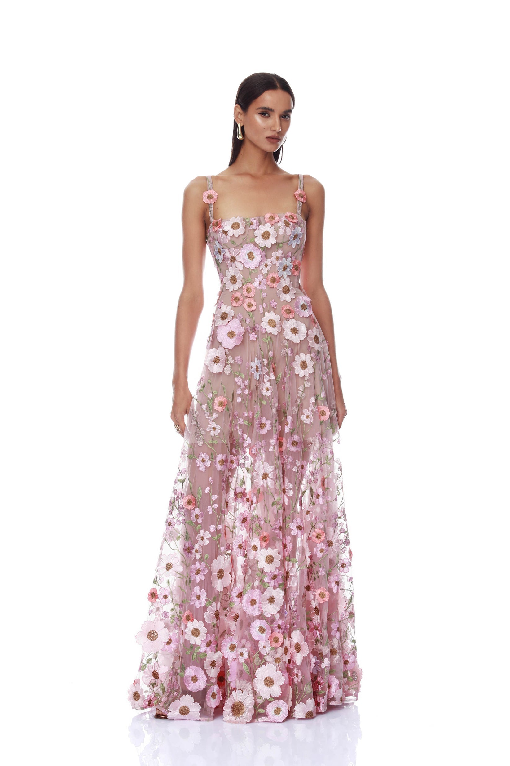 Venice 3D Floral Jasmine Pink Multi Maxi Gown