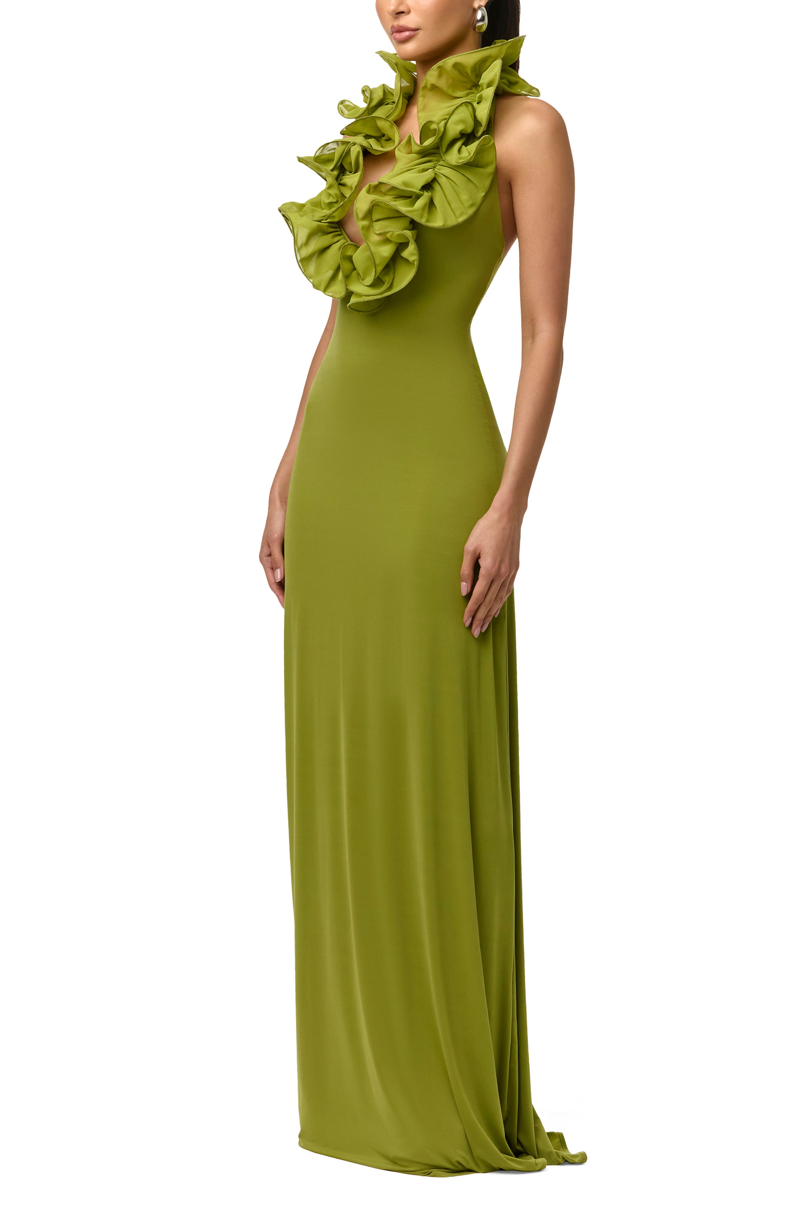 Ruffle Plunge Halter Maxi Dress