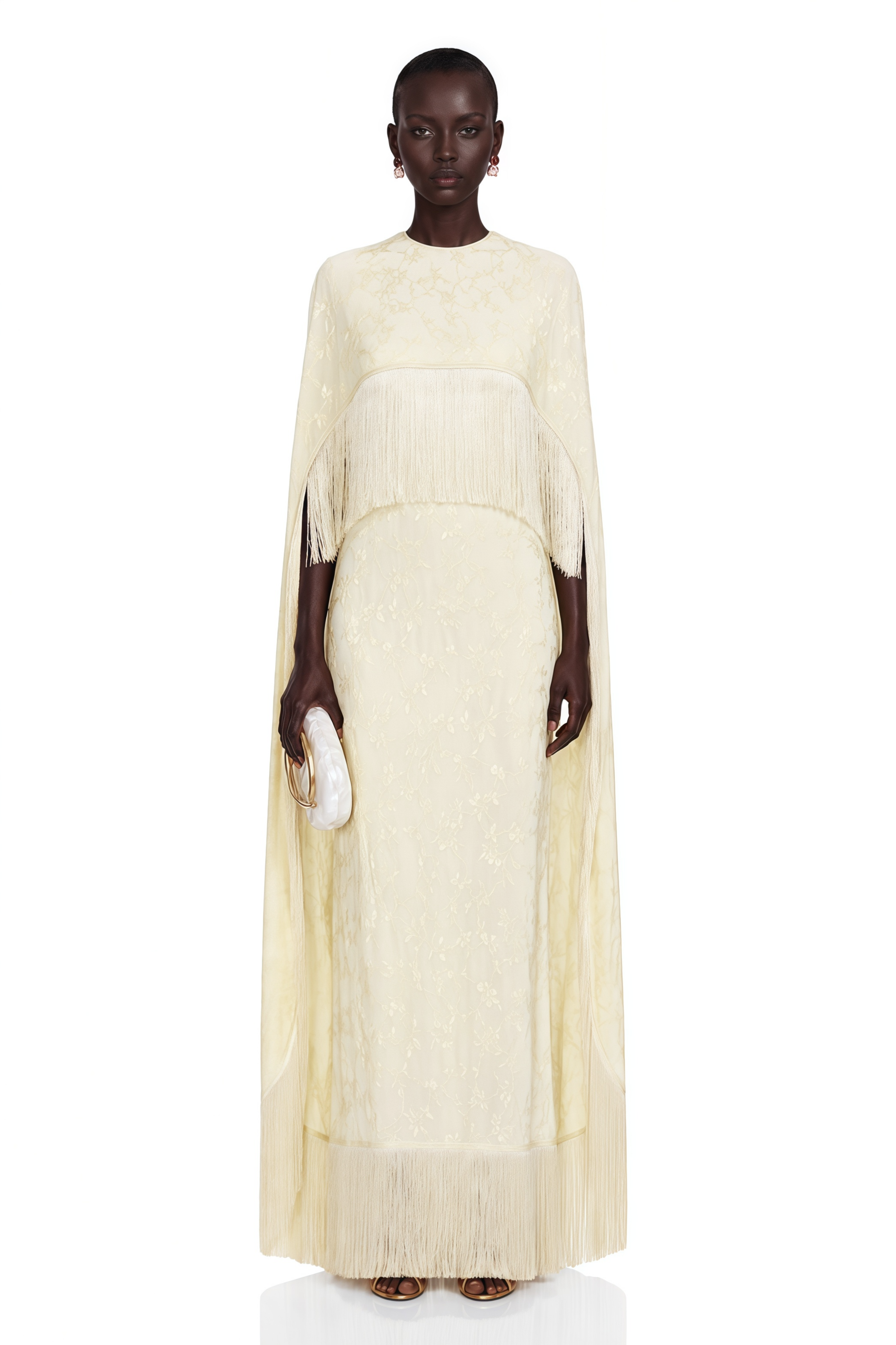 Vestido Maxi Amarillo Pálido Yolanda con Capa y Flecos
