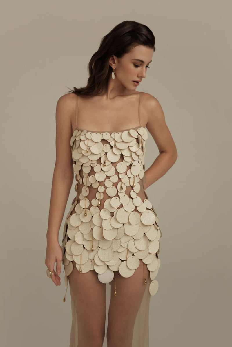 SERAPHINA DRESS IN CREAM WHITE - Nude Mesh White Embellishment