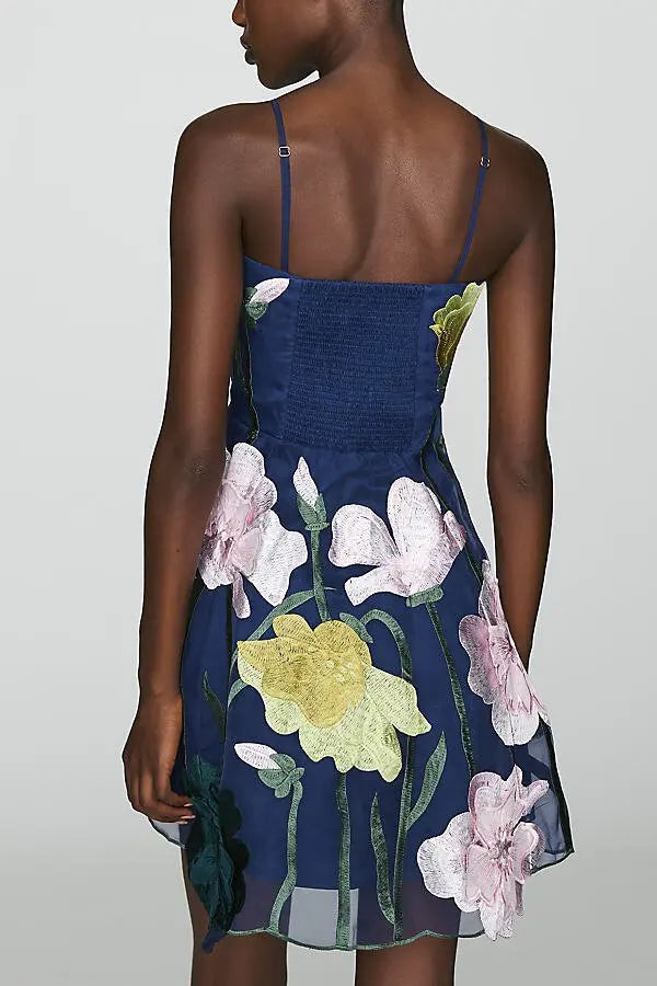 Floral Organza Mini Dress - Navy