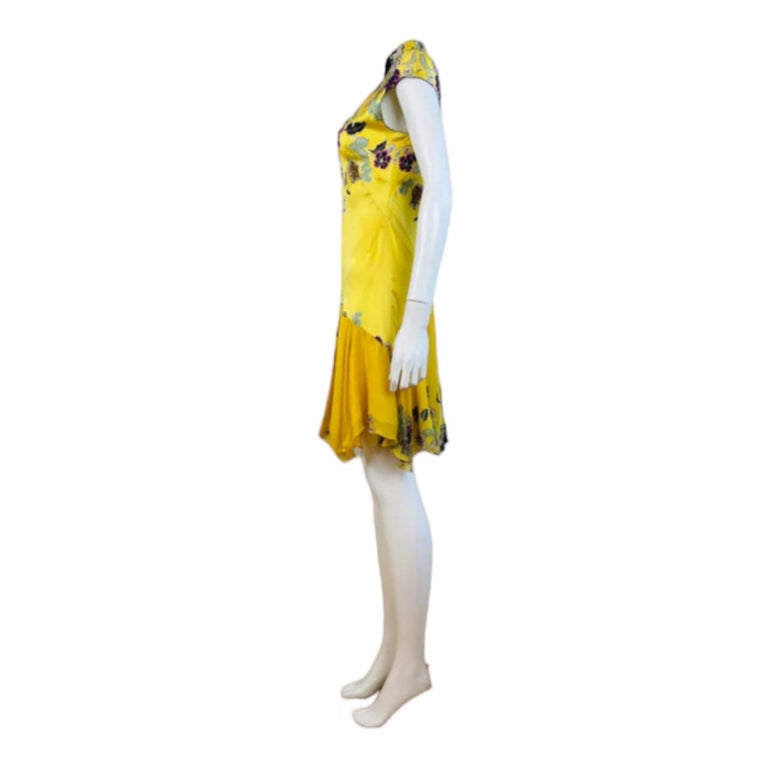 Vintage Roberto Cavalli P/E 2003 Mini Abito in Seta Floreale Giallo Chinoiserie