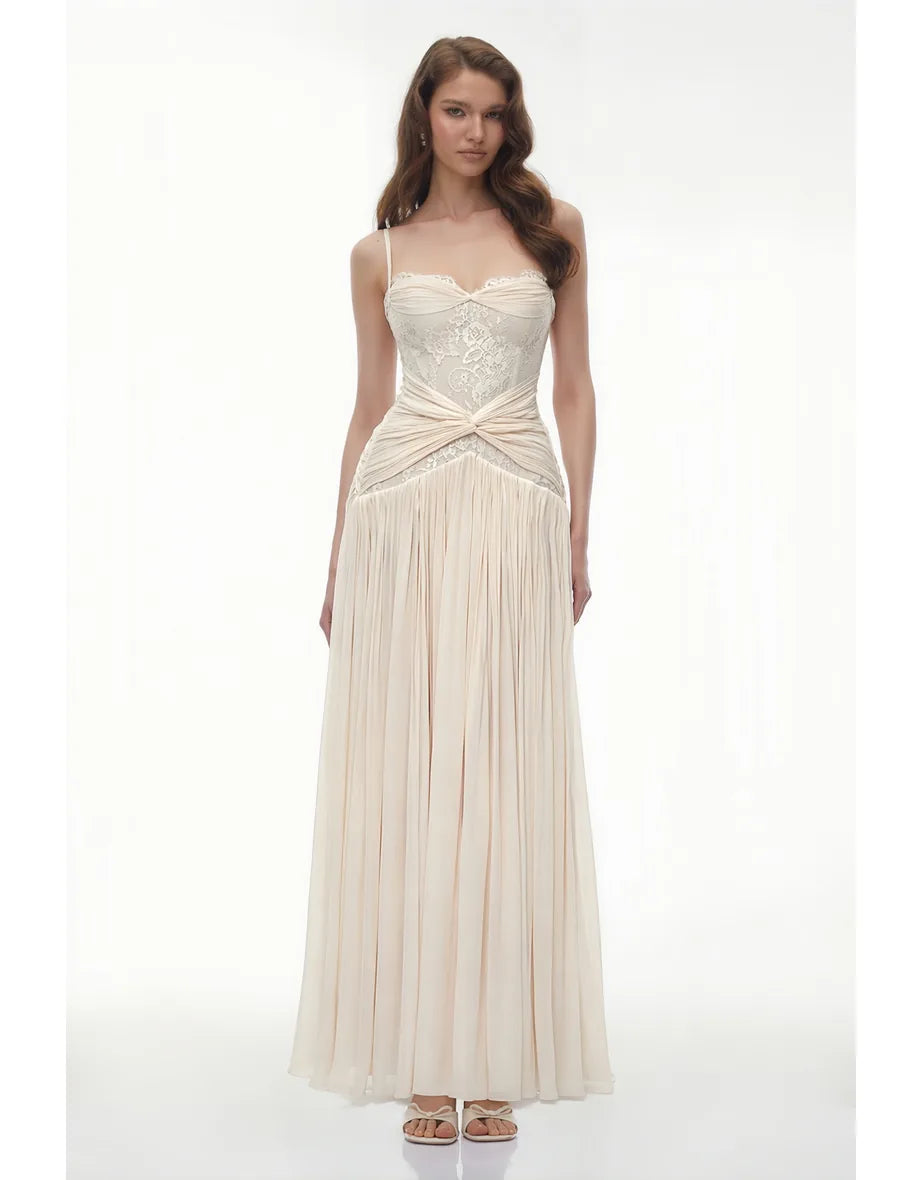 Brigitte Cream White Ruched Maxi Dress with Lace Panels