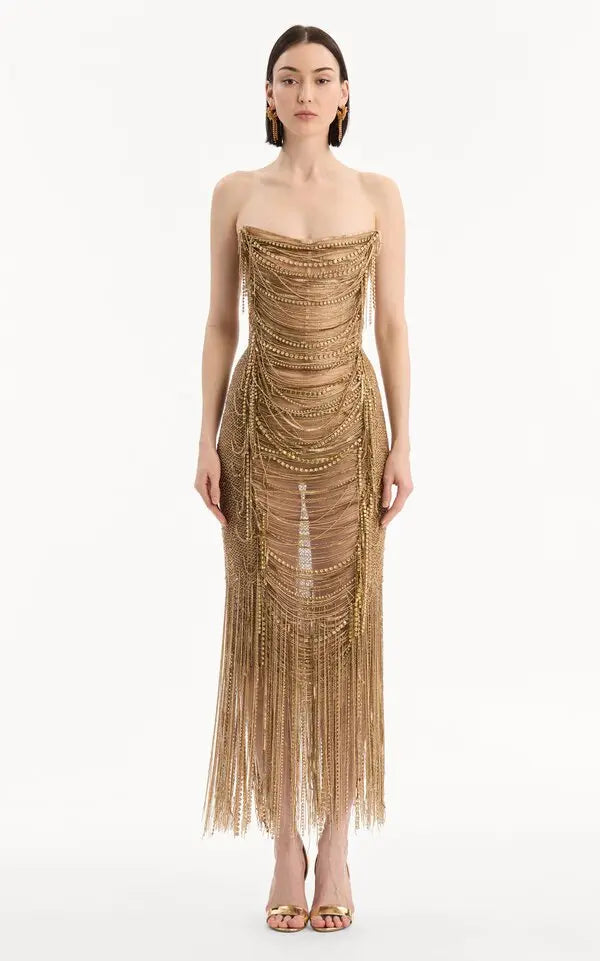 Strapless Bugle Loops Maxi Cocktail Dress - Gold