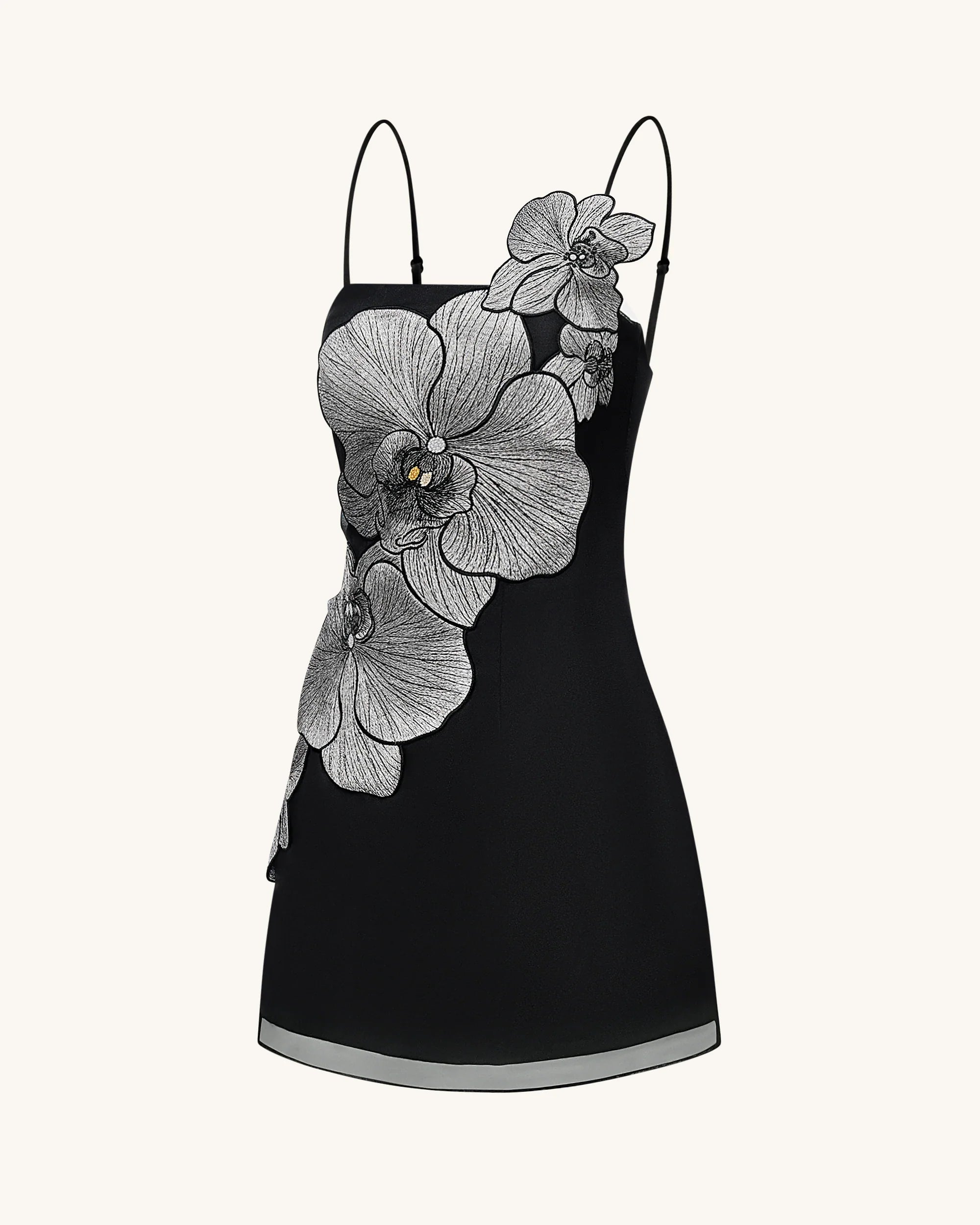 Orchid Appliqué Mini Dress - Black