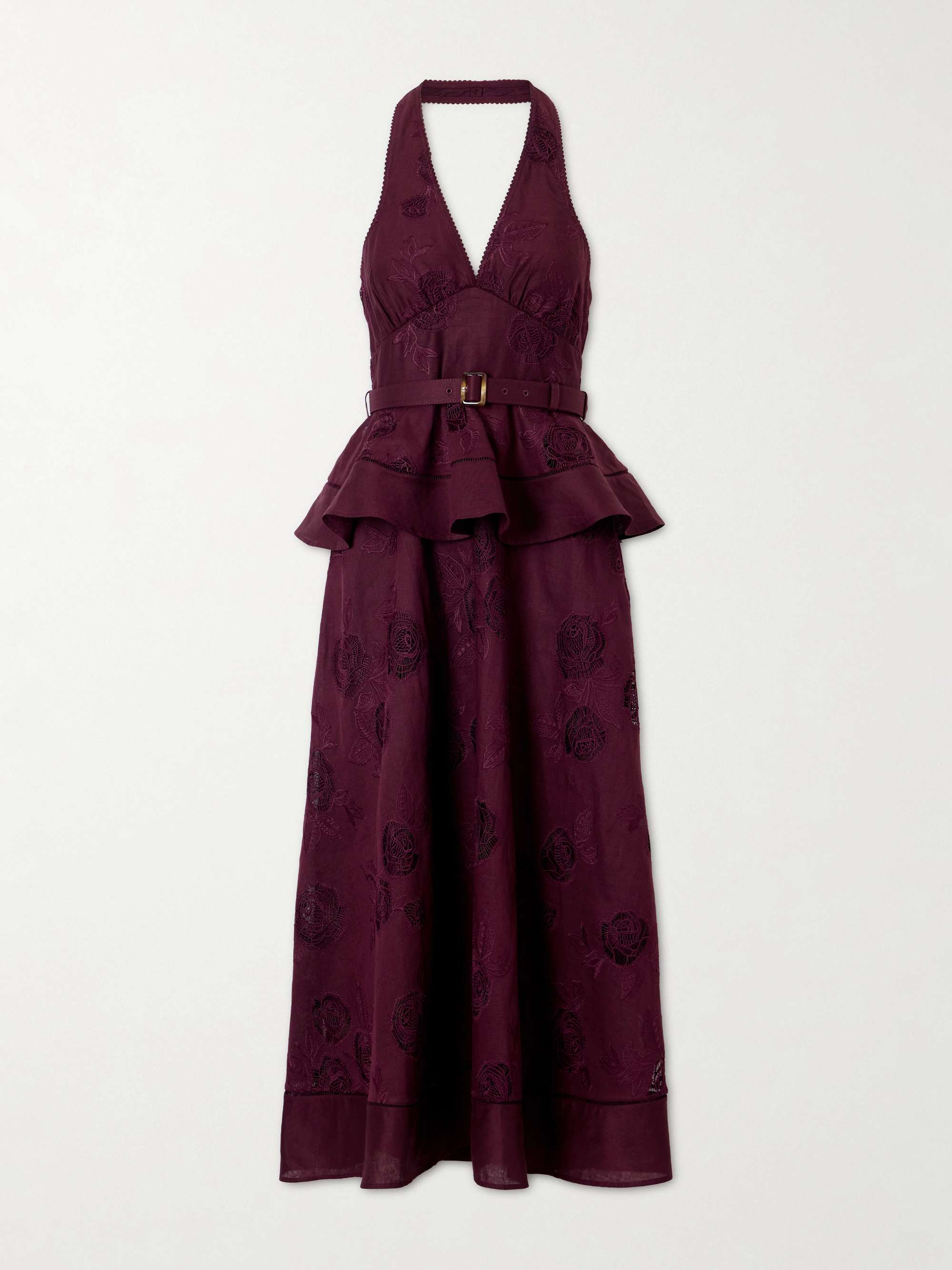 SELF-PORTRAIT Belted broderie anglaise-trimmed linen and cotton-blend peplum midi dress | NET-A-PORTER GB