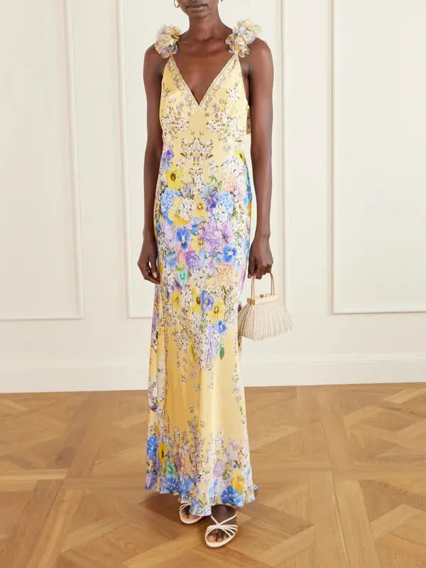 Appliquéd Embellished Floral-print Silk-satin Maxi Dress - Multi