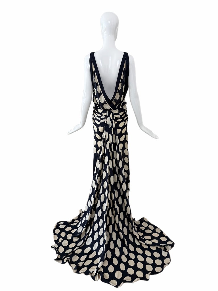 Abito da sera in seta blu notte con pois avorio, collezione Donna Karan 2003