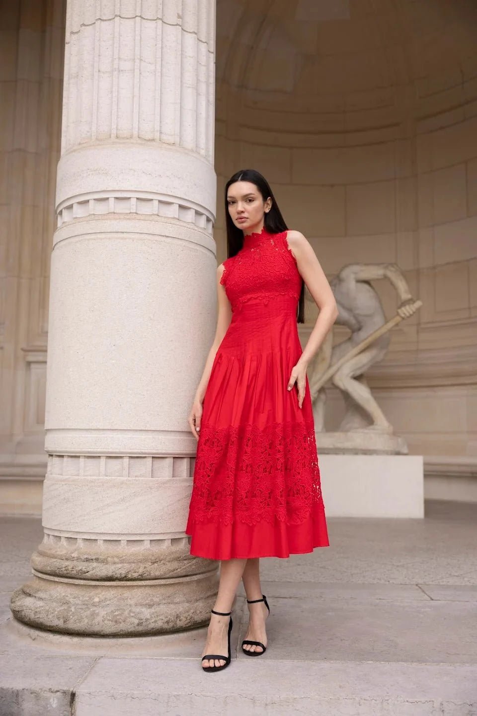 Lace-Paneled Cotton Midi Dress