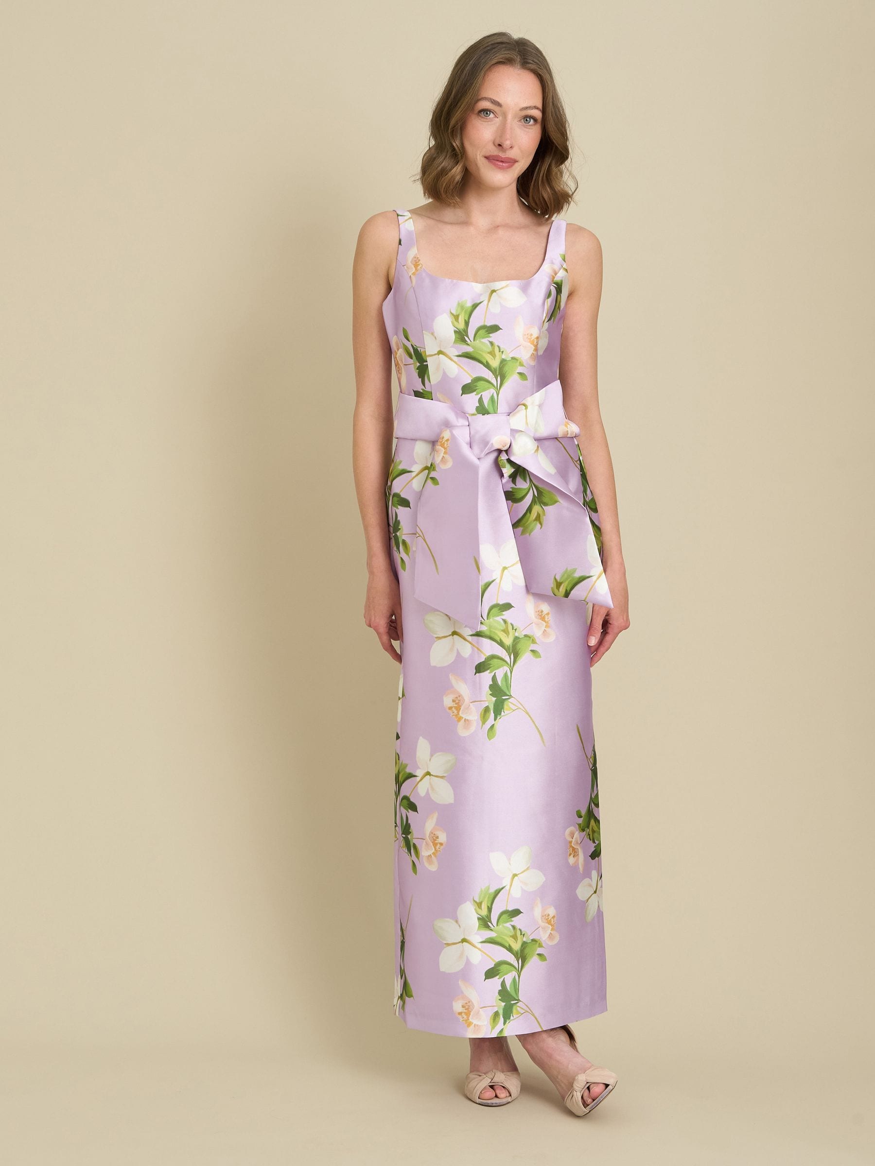 Gina Bacconi Purple Shawna Floral Tie Waist Maxi Dress - Size US 6