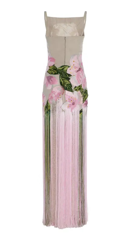 Fringed Embroidered Faille Gown - Pink
