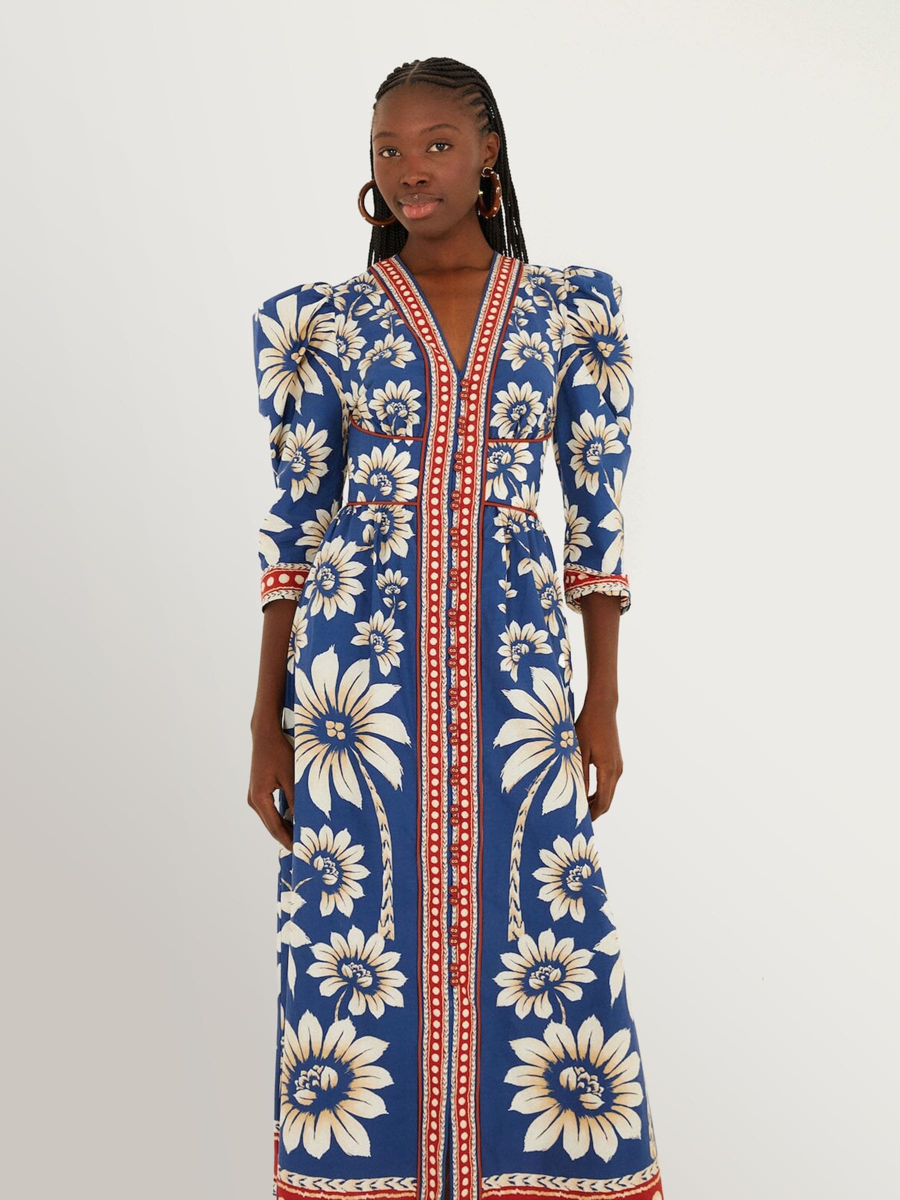 Farm Rio Blue Luna Floral Print Cotton Maxi Dress