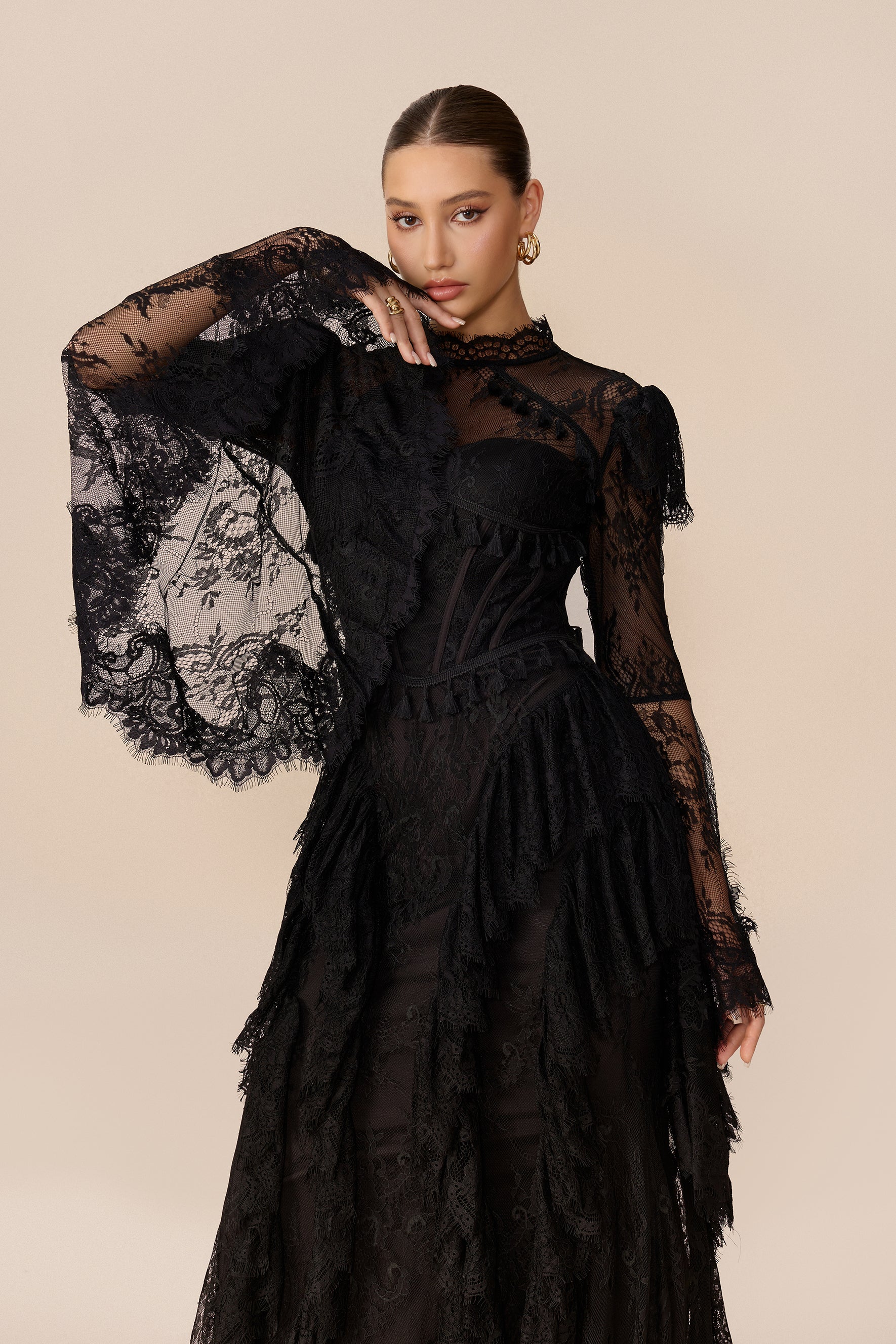 Vintage Allure Black Lace Corset Bell Sleeve Maxi Dress