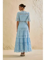 Charming Event Blue Eyelet Lace Tiered Maxi Dress