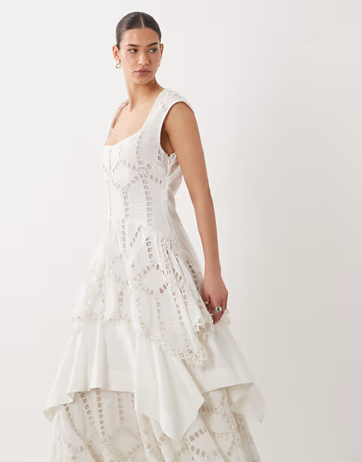 embroidered maxi dress with layered skirt in white
