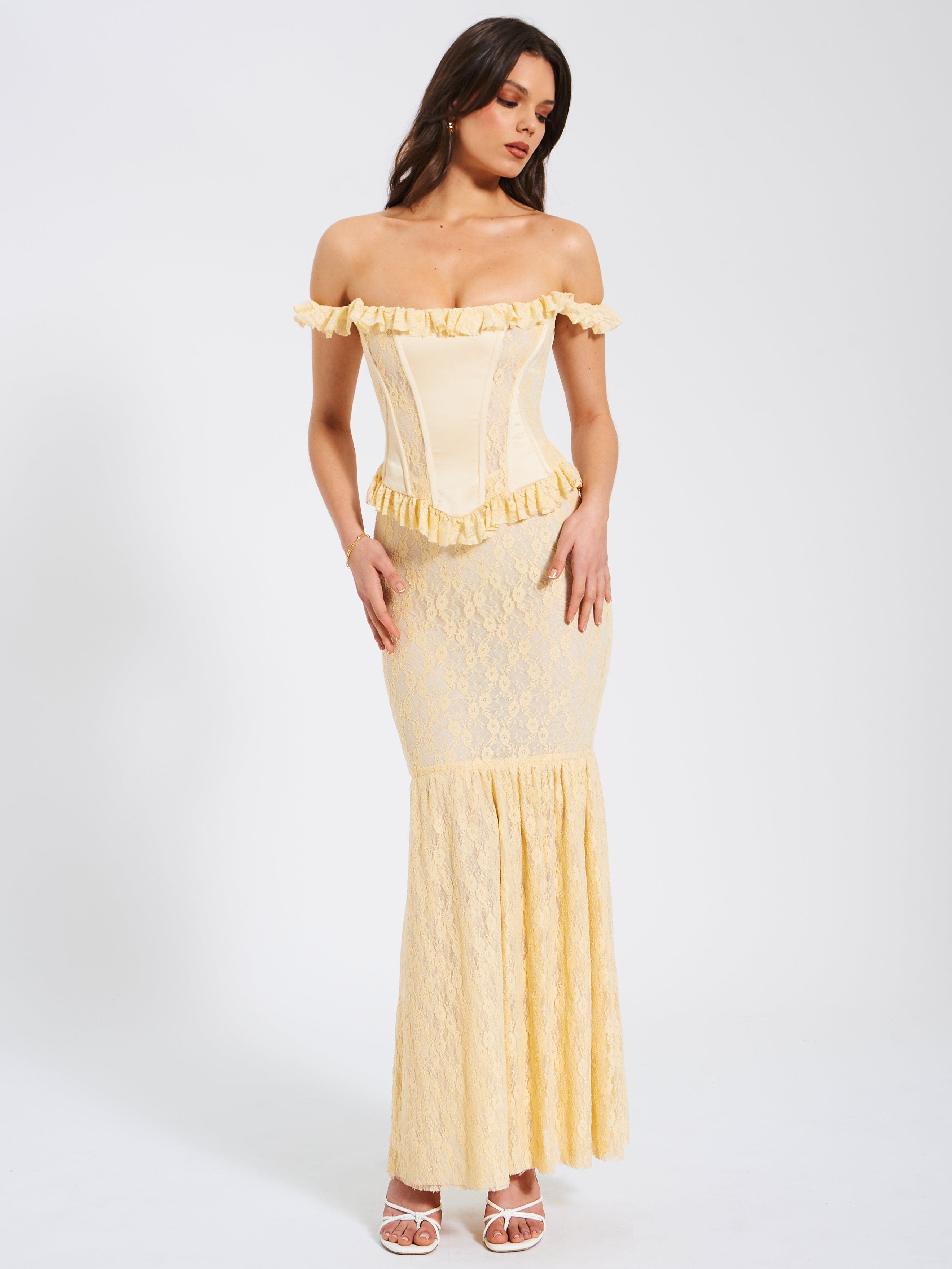 Ersilia Satin Lace Peplum Corset Off Shoulder Maxi Dress