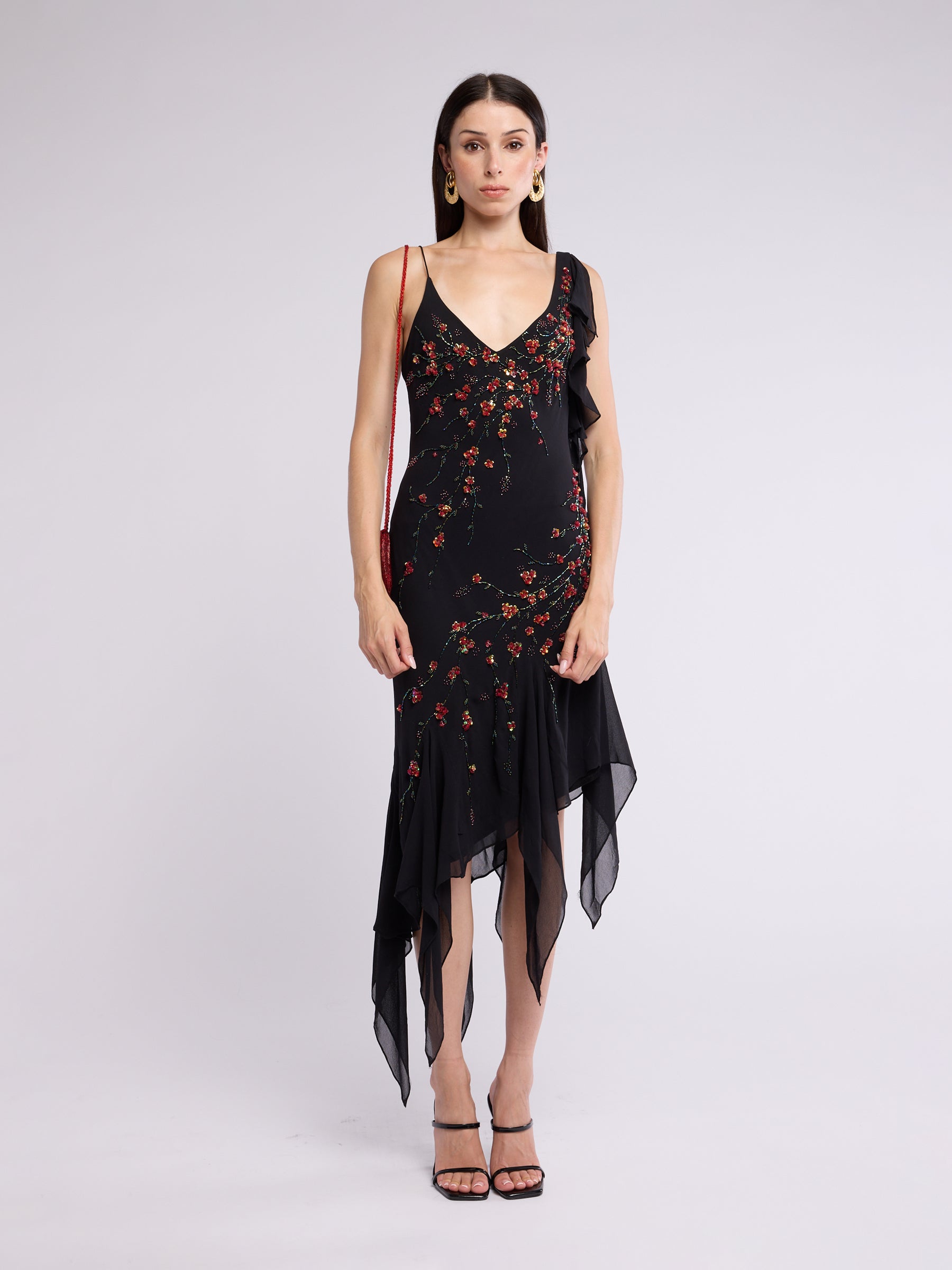 Sue Wong 2000s Floral Asymmetric Ruffle Dress